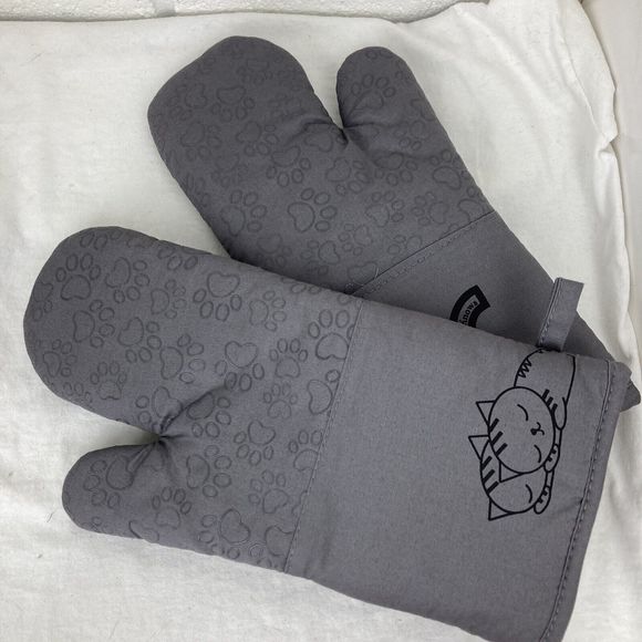 1 Pair Gray Cotton Long Silicone Paw print Cat Oven Mitts Cat Lovers gift Choice - Picture 5 of 15